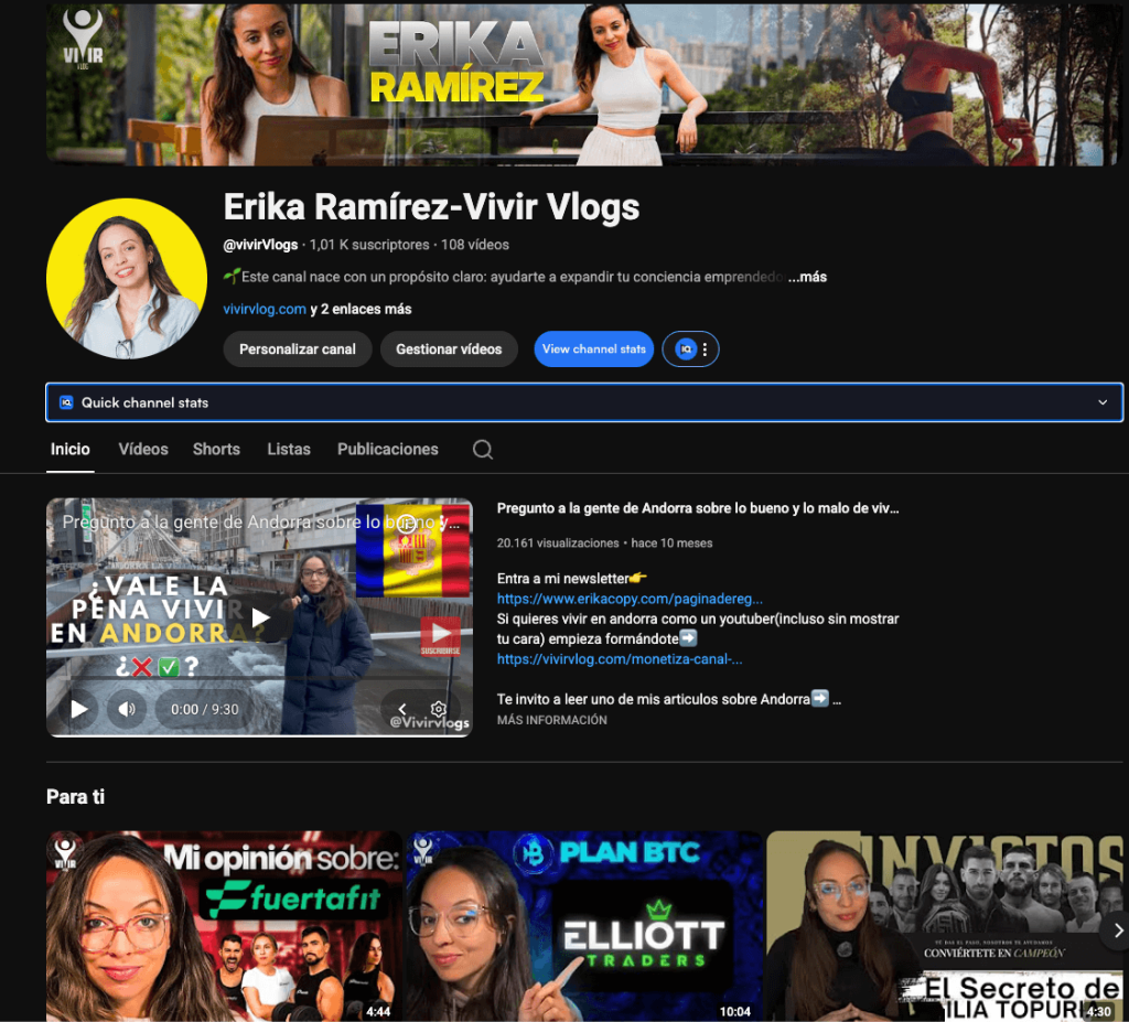 Canal de YouTube de Erika Ramírez donde documenta su proyecto de afiliación como un activo digital a largo plazo
